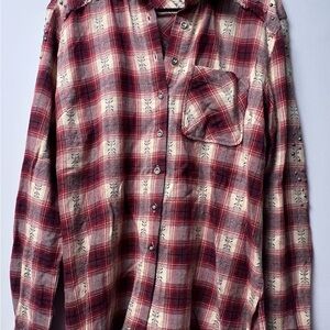 Red and Cream Button Down Shirt with Classic Plaid Design